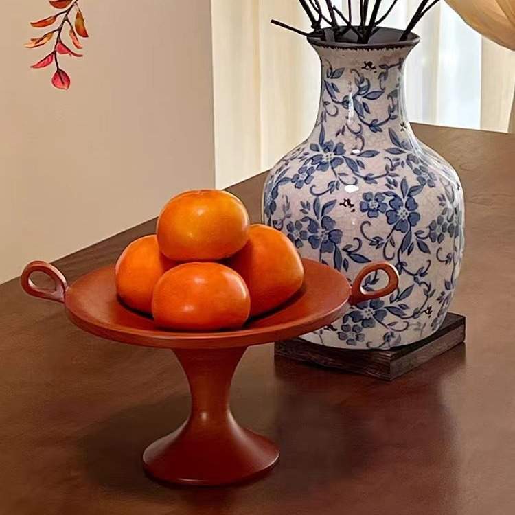 中古实木双耳果盘 法式复古木质水果托盘 高颜值高品质摆件