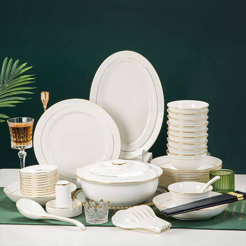 陶瓷吃饭碗盘子景德镇陶瓷器描金餐具中式轻奢金边家用碗盘组合