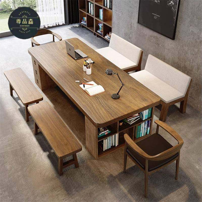 全实木大书桌简约现代家用客厅学习书法桌带书架抽屉原木大工作台
