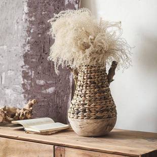 直销实木底座细口大肚草编花瓶花插民宿家居摆件可混