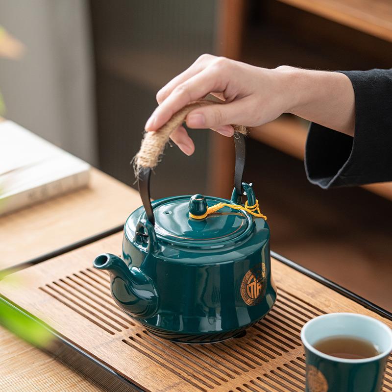 墨绿金福提梁壶茶具套装家用简约茶壶茶杯大容量1L升装带过滤防烫