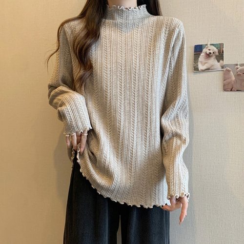 速发木边耳半高领针织款冬大码遮肚子上衣中长秋内搭毛衣打底衫