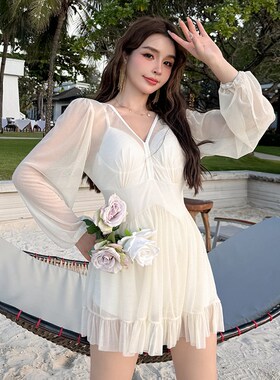 速发大码夏高级泉超仙范长袖遮肉微式孩连体裙胖温感泳装