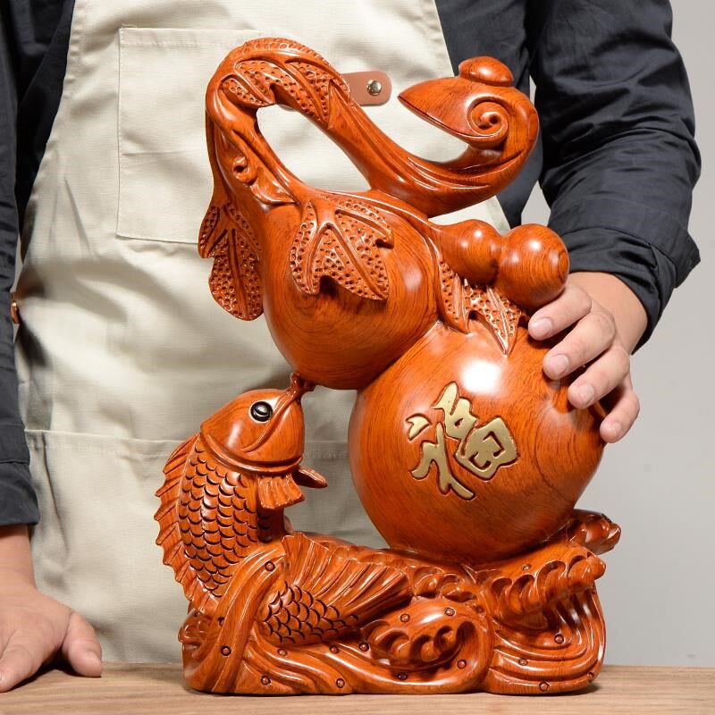 速发花梨木木雕刻福禄有余摆件实头根余葫芦年年有雕创意电视柜装