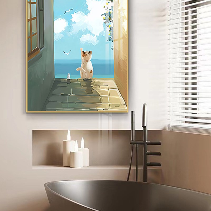 速发手绘小清新猫咪画防水免钉马桶壁画装饰画酒店卫生间卧室床头图片