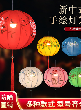 新中式吊灯中国风布艺手绘酒店餐厅饭店景区仿古典圆形绘画灯笼