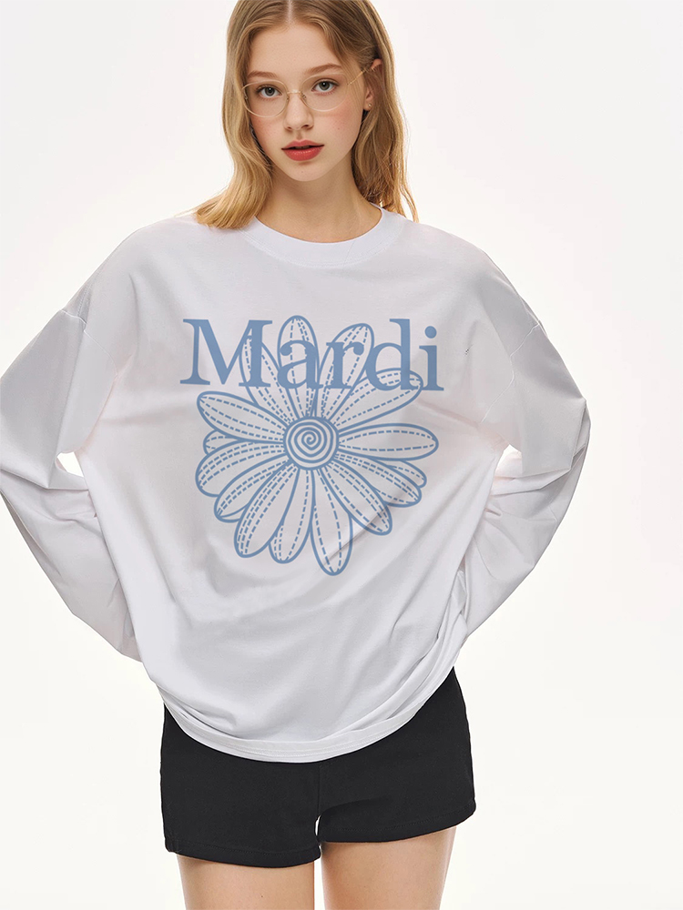Mardi韩版时尚圆领小雏菊印花长袖T恤2025秋季新款休闲天丝女上衣
