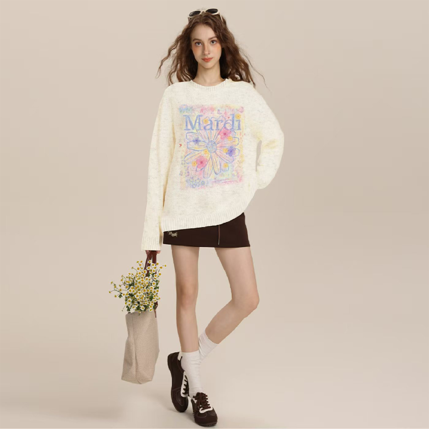 Mardi设计感轻奢圆领雏菊毛衣25秋冬季新款保暖晕染印花针织上衣