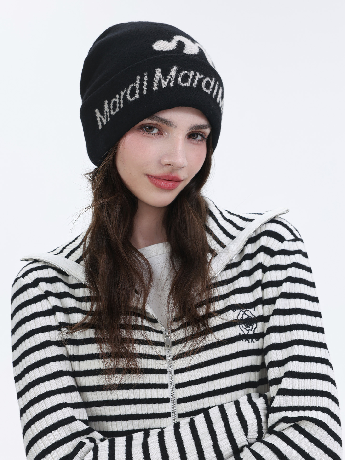 Mardi时尚休闲针织帽女25秋冬新款撞色圆顶保暖100%纯绵羊毛帽子