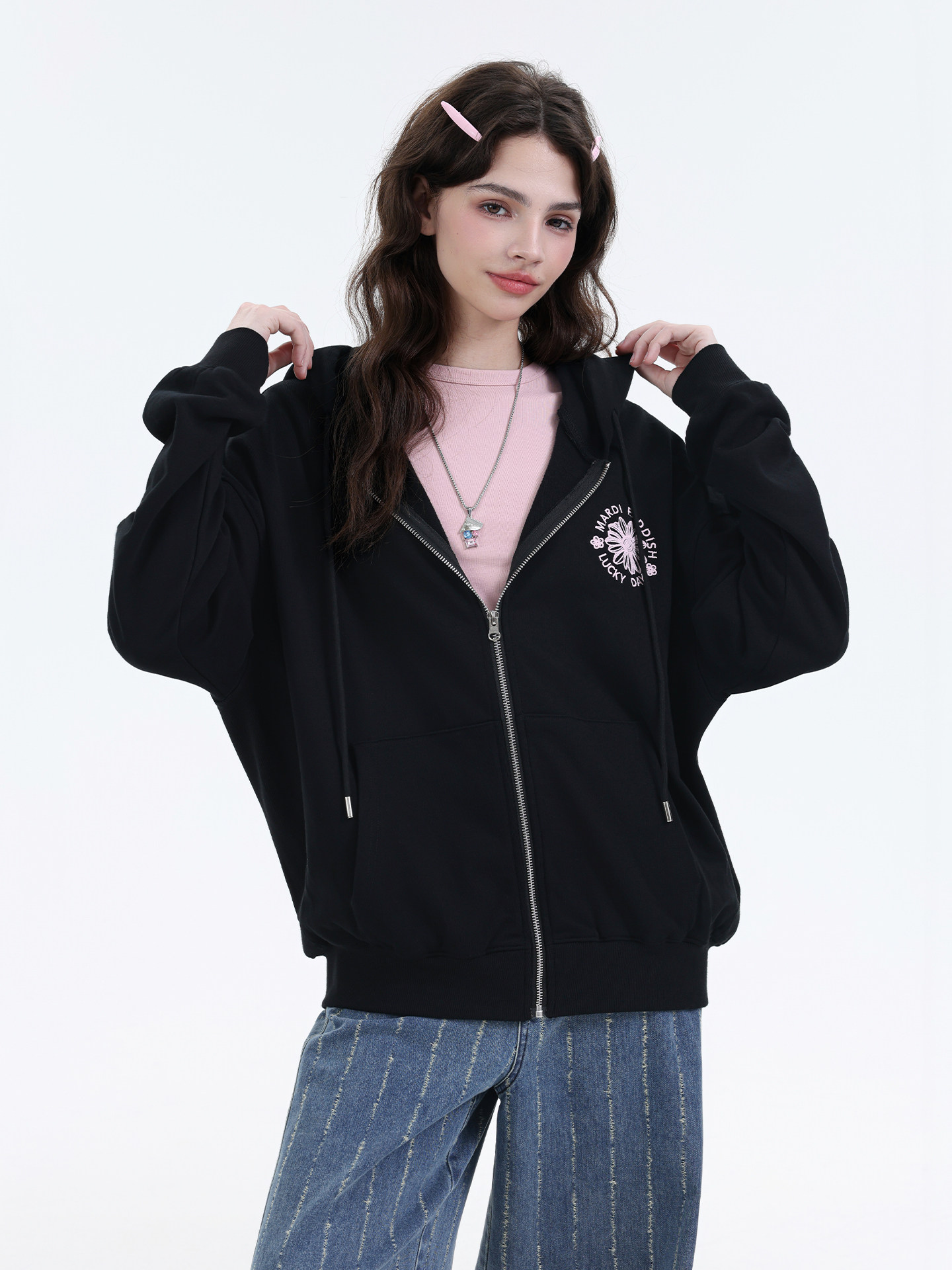 Mardi经典花卉刺绣拉炼连帽卫衣25秋冬新款休闲百搭韩系简约外套