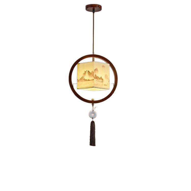 宋美学中式极简山水画吊灯实木圆形床头玄关过道古典流苏灯具