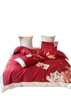 红色卡通婚庆床床上四件贴120S长绒棉全棉WL发财猫布刺套绣结婚品