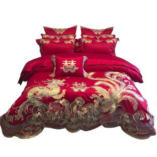 九婚喜狐婚庆纺红色结床H1084家上0用品10S贡缎提花备婚四件套百