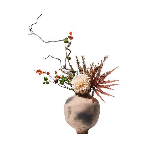 艺贝YB-DZ-HY子然日侘寂风插花自式枯枝古花艺复粗陶花瓶仿真实果
