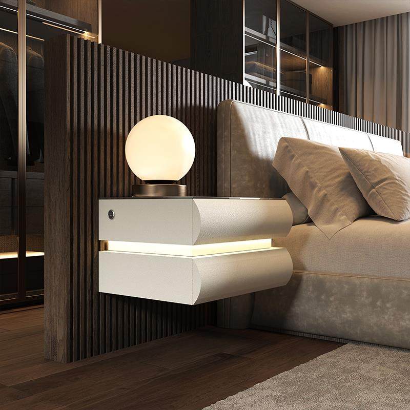 壁挂式悬空床头柜简约现代实木智能带灯无线充电悬浮床边柜多功能