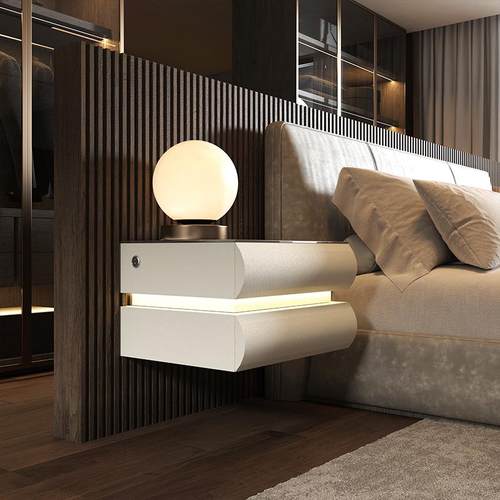 壁挂式悬空床头柜简约现代实木智能带灯无线充电悬浮床边柜多功能