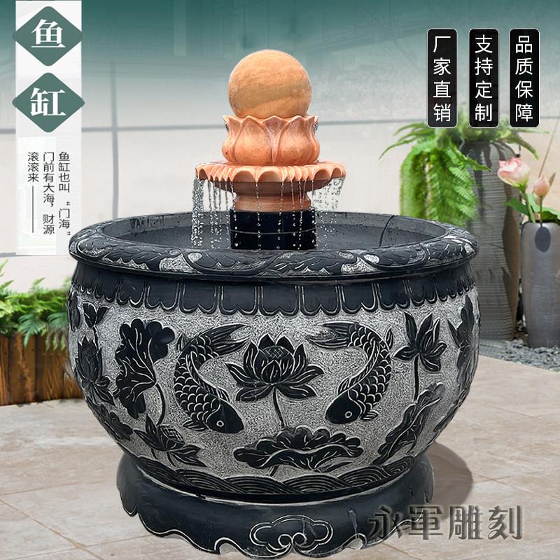 户外石雕荷花缸庭院石头门海摆件青石鱼缸水池造景鱼缸石缸水缸