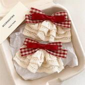 温柔裙摆红蓝蕾丝花边蝴蝶结发夹甜美韩系侧边夹马尾发夹小众ins