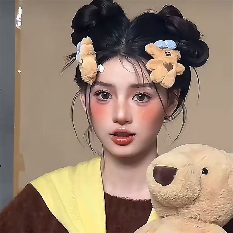 可爱少女感歪头小熊毛绒绒发夹子鸭嘴夹大号刘海夹发饰女