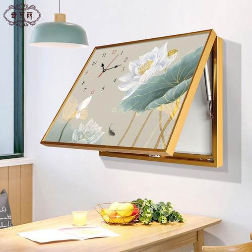 新中式电表箱装饰画时钟带钟表免打孔荷花叶电闸盒配电箱遮挡挂画