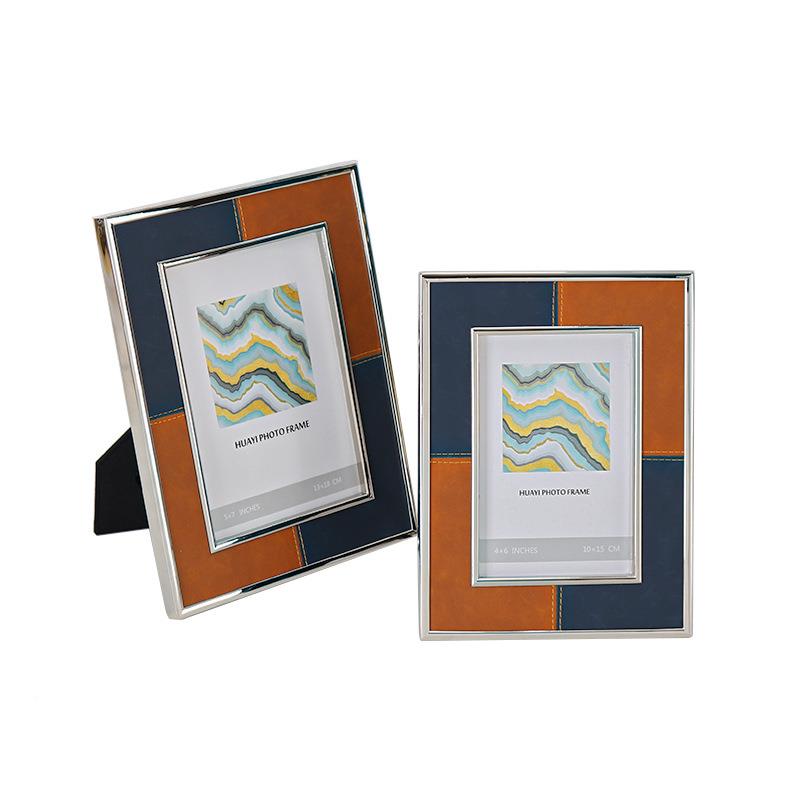 蓝双框皮革车缝线相摆台金属边框软装橙饰设计色师工艺品摆件