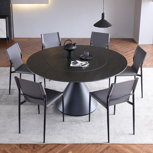 德利丰岩板圆餐桌内嵌式 转盘设计师创意不锈钢黑钛纯黑色岩板餐桌