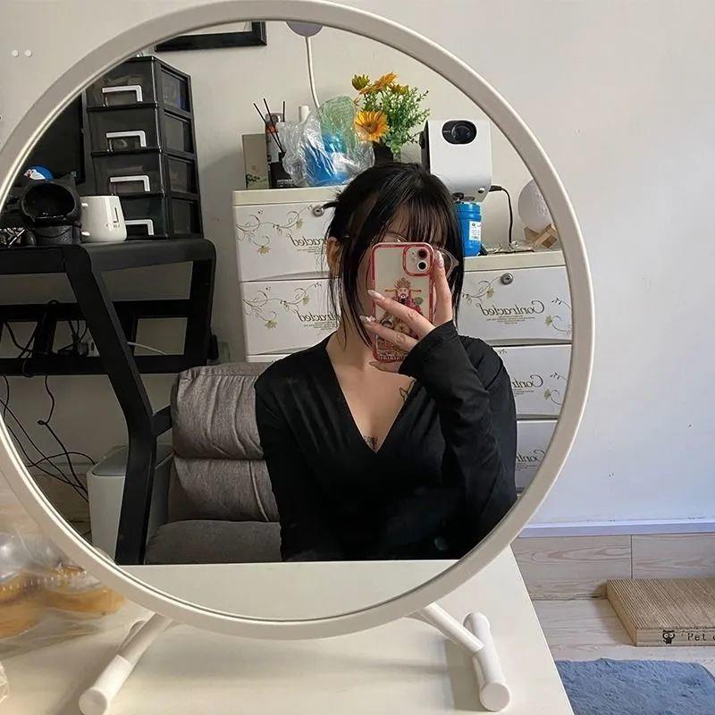 大号桌面化妆镜带led灯学生宿舍台式ins风梳妆台镜子卧室补光圆镜