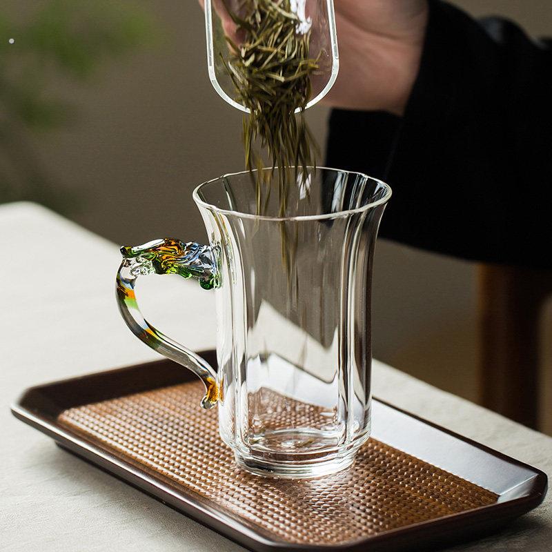 龙把手绿茶杯个人专用高硼硅泡茶玻璃杯带把高级感透明高颜值水杯
