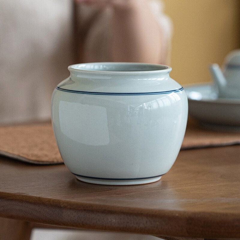 仿古青釉建水茶洗水孟杯洗陶瓷新中式双线杯洗茶渣缸茶水桶配件