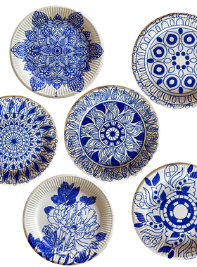 中国风青花瓷纸盘画半成品