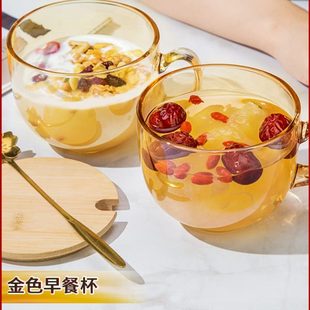 子家庭 金早餐杯咖啡杯玻璃杯燕麦碗碟水杯家用带盖勺牛奶琥珀套装