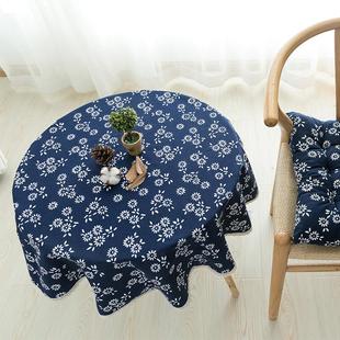 9wor乌镇文艺青花饭店民族风小菊深蓝花复古圆桌布布艺茶几布盖布