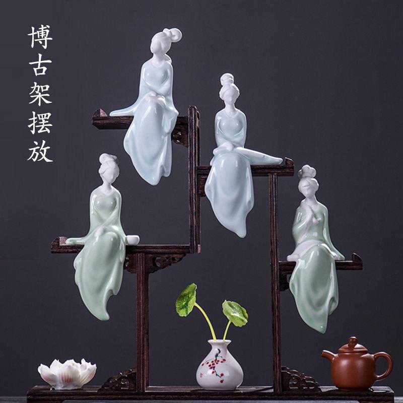 个性创意青瓷茶宠博古架琴棋书画古典仕女桌面摆件盆景禅意装饰品