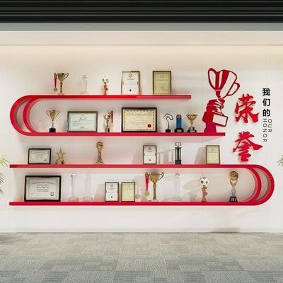 定制荣誉墙展示架企业学校陈放奖牌奖杯隔板一字板弧形公司置物架