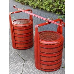 竹编篮子竹编箩筐结婚挑担订婚家用喜事篮子带扁担红色婚庆大篮子