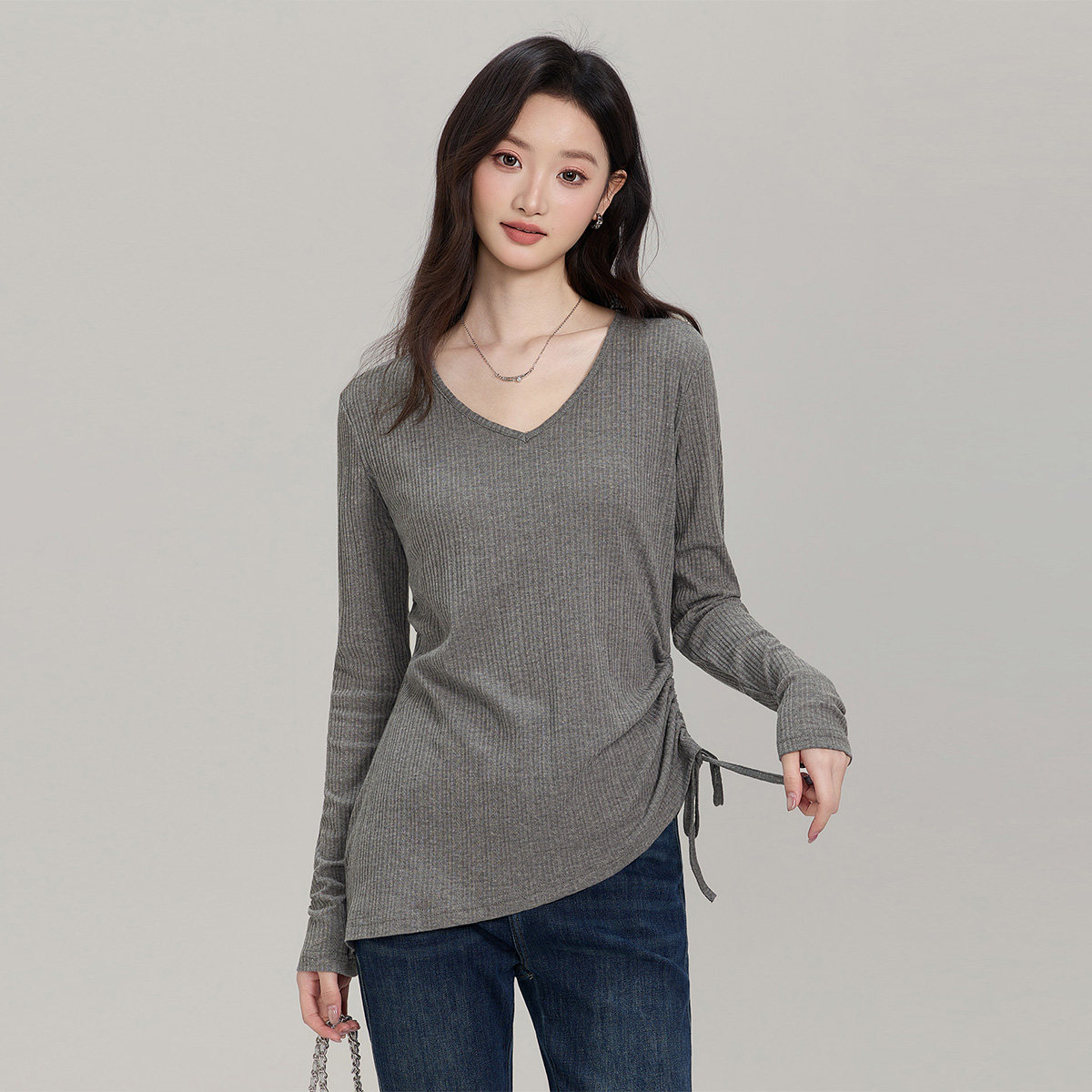 BASICBASE通勤风V领长袖T恤女款夏季修身抽绳褶皱灰色针织衫上衣