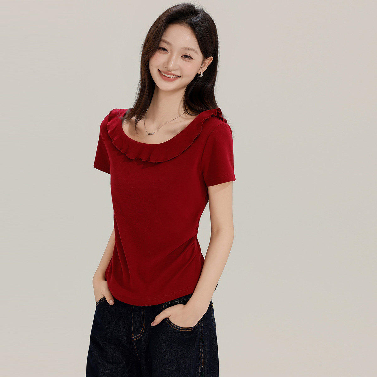 BASICBASE红色修身辣妹风短袖T恤女款夏季圆领荷叶边显瘦百搭上衣