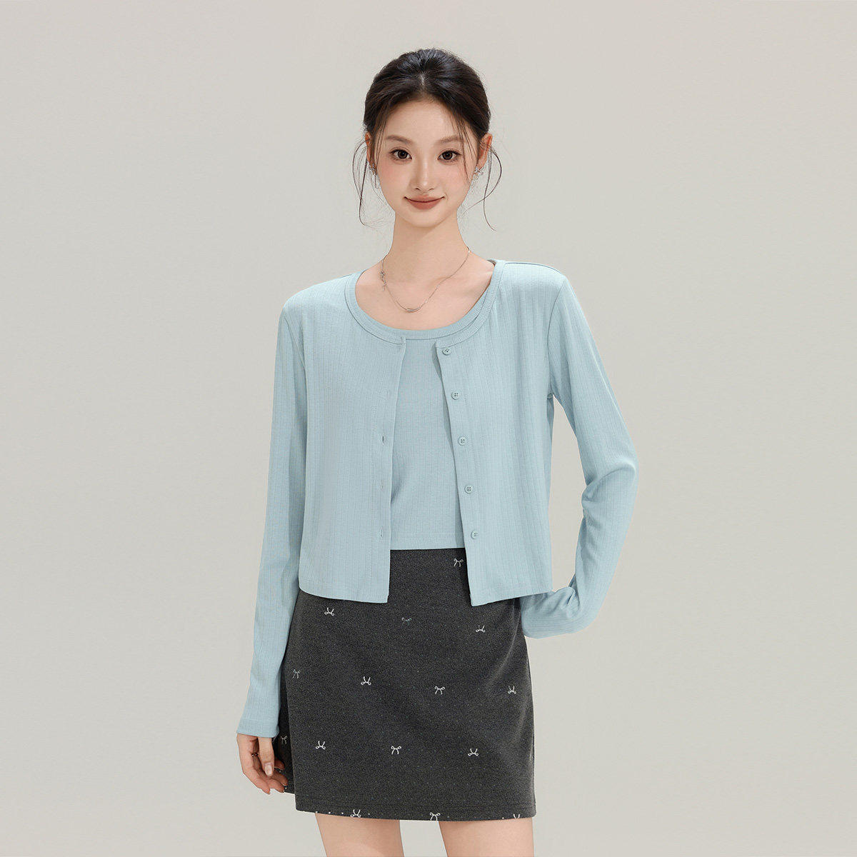 BASICBASE长袖开衫T恤两件套女款夏季蓝色圆领显瘦小众设计感上衣