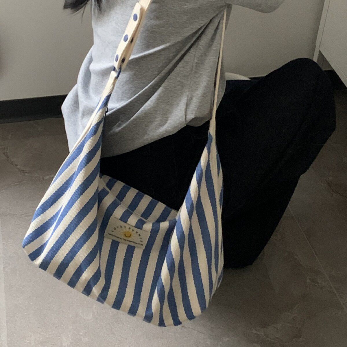 港风单肩包女大容量帆布包条纹简约托特包大包通勤腋下包