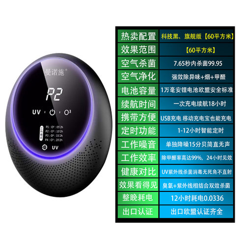 紫外线空气消毒机臭氧杀菌除臭净化器除甲醛家用便携充电