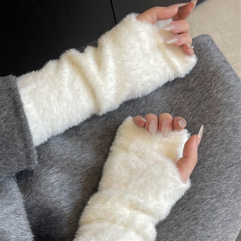 软糯毛绒半指手套女加绒保暖秋冬袖套可爱仿兔毛日系长袖漏指手套