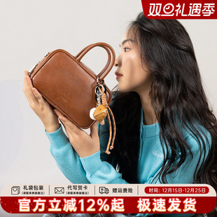 天美意真皮手提包女2025新款 百搭复古牛皮单肩斜跨包通勤包小方包