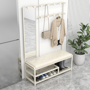奶油风换鞋凳挂衣架衣帽架一体带镜子组合简约收纳落地入户家用柜
