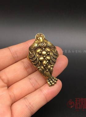 实心黄铜招财金蟾摆件招财铜钱钱串小金蟾手把件铜艺包浆铜器
