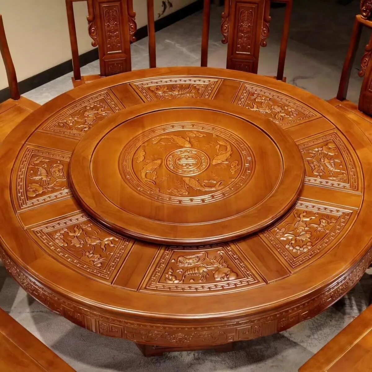 实木餐桌椅餐桌组合橡胶木仿古雕花餐桌椅中式圆桌家用古典实木