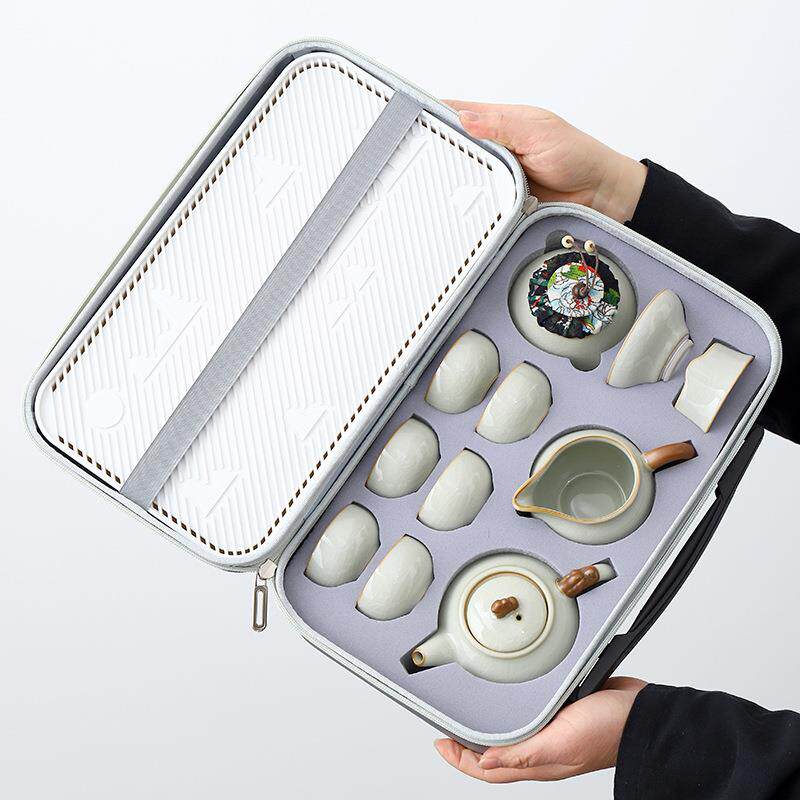 汝窑旅行茶具小套装一壶六杯便携式包户外家用露营茶具功夫泡茶壶