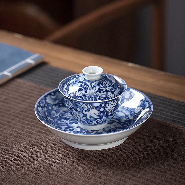 仿古泥青花一鹭莲科三才盖碗茶杯子复古风功夫泡茶碗办公室泡茶杯