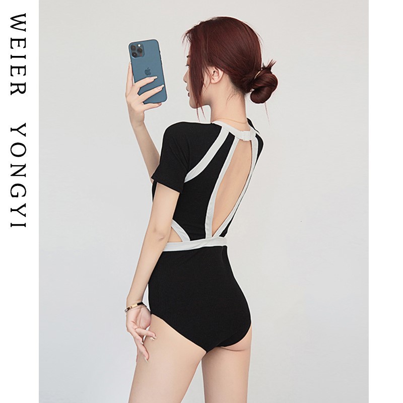 日本无印MUJIE运动时尚露背连体泳衣女士夏海边高级感女式长袖防