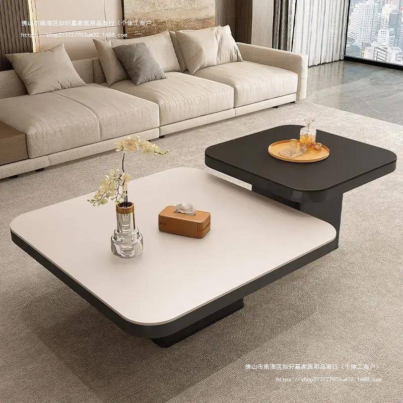 意式轻奢岩板正方形现代小户型茶几家用客厅黑色极简简约组合