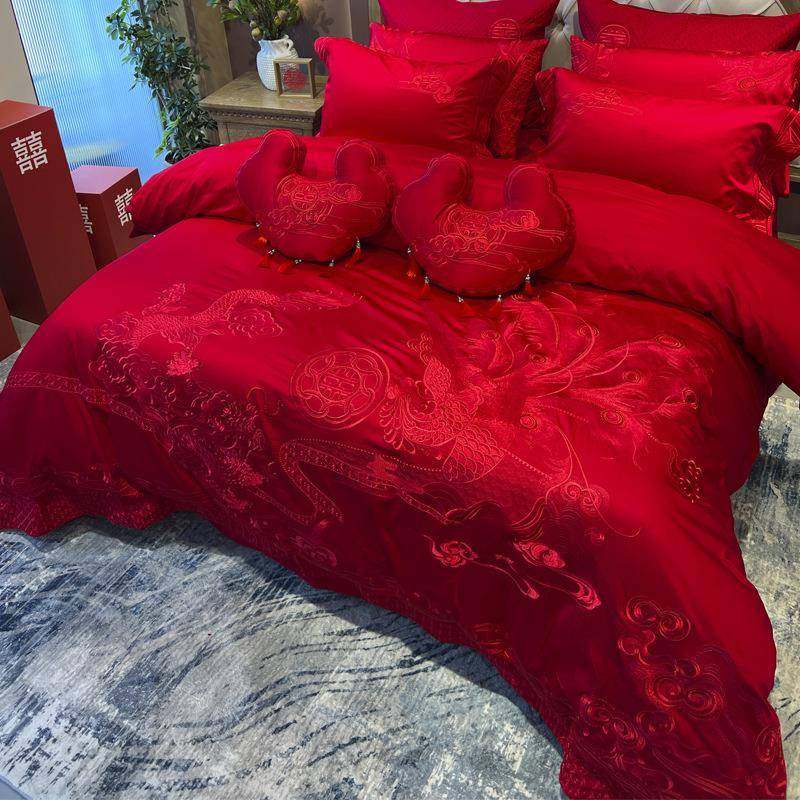 九喜狐婚庆家纺红色四件套结婚床上用品龙凤刺绣男方结婚床品喜被